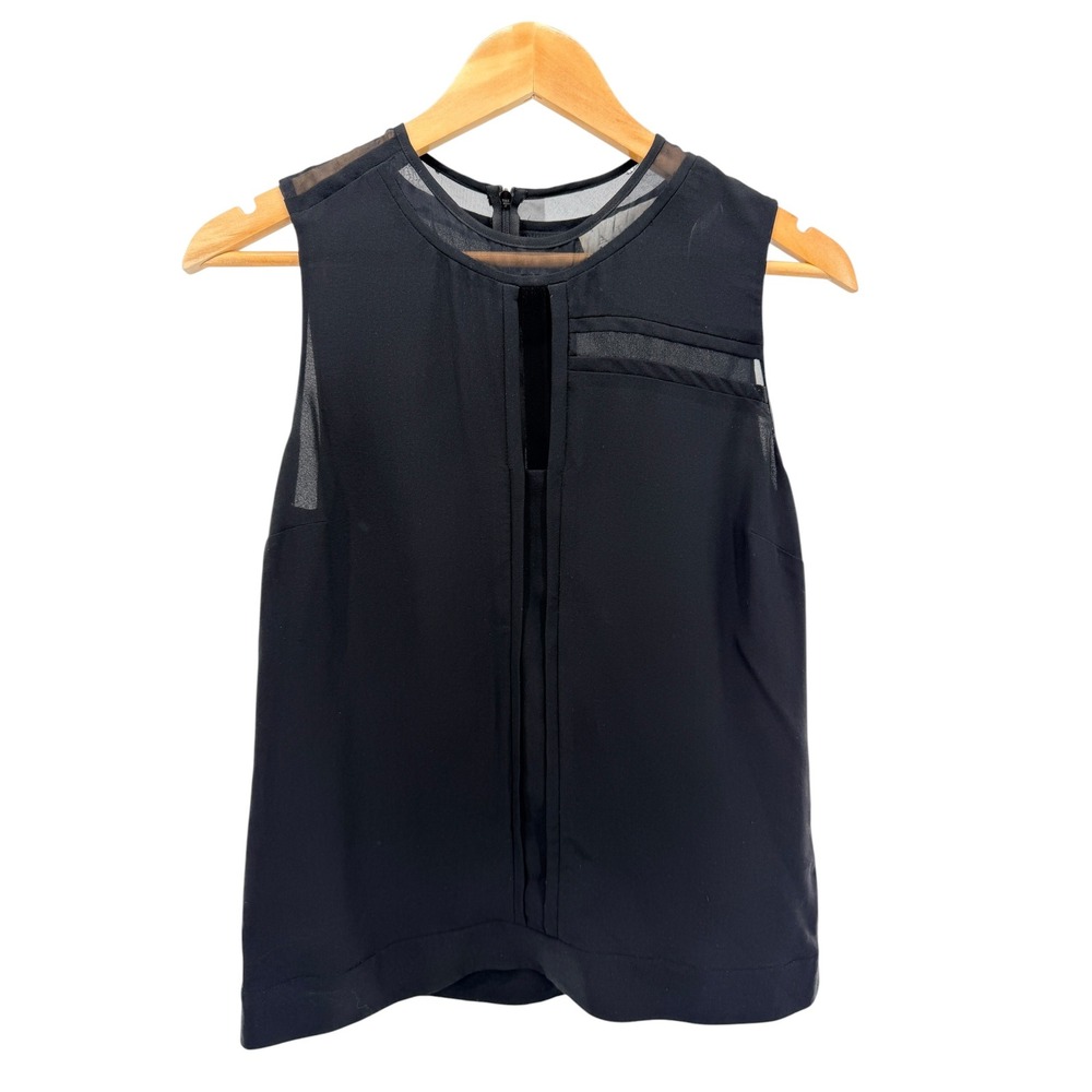 ALC 100% Japanese Silk Black Sleeveless‎ Blouse Sheer Mesh Panel Cutout Top XS